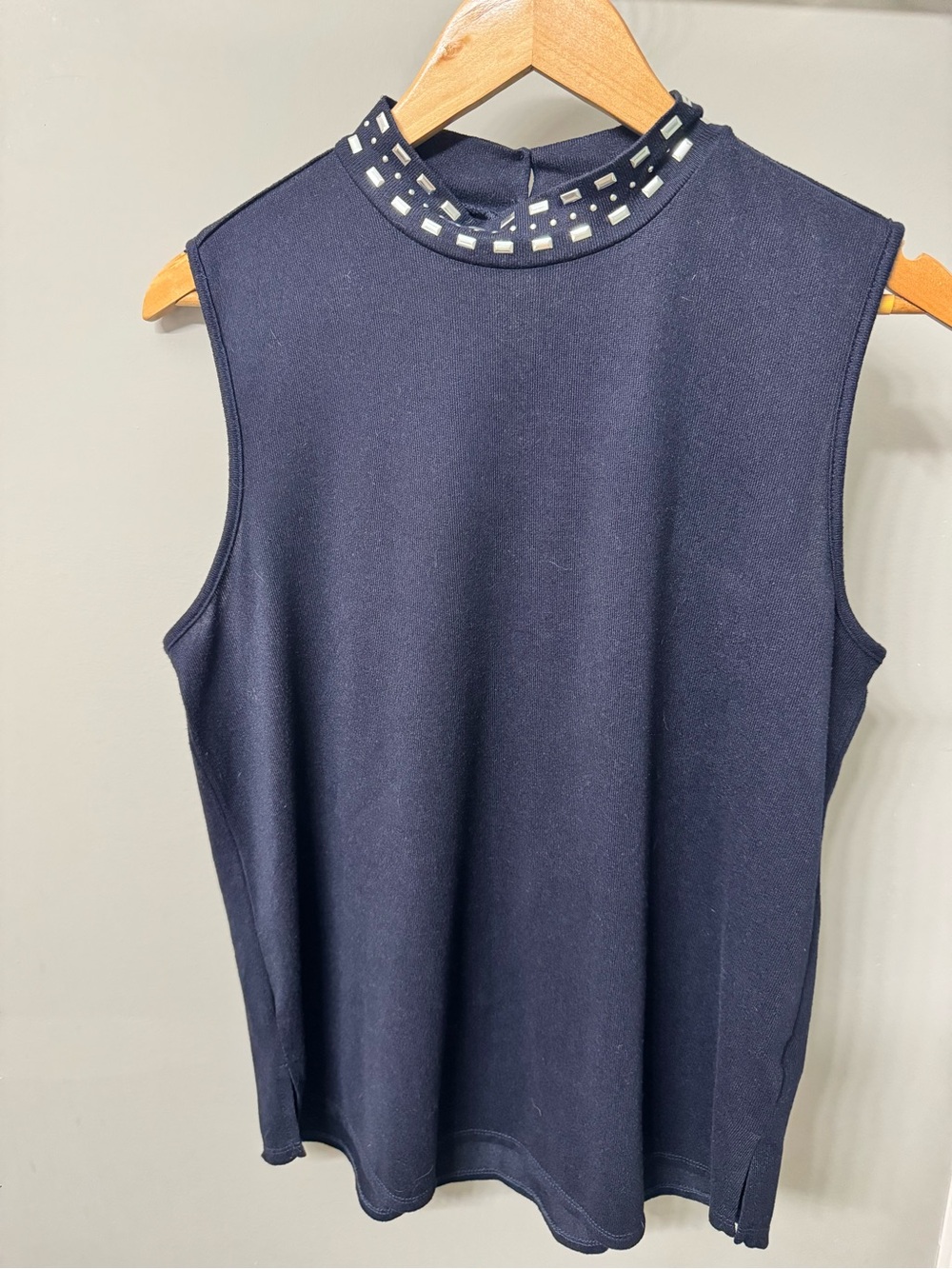 Embellished Mock-Neck Navy Sleeveless Tank Top